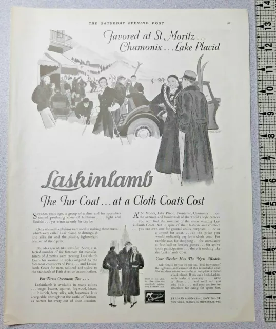1931 Laskinlamb Fur Coat Vintage Print Ad St Moritz Lake Placid Chamonix B&W