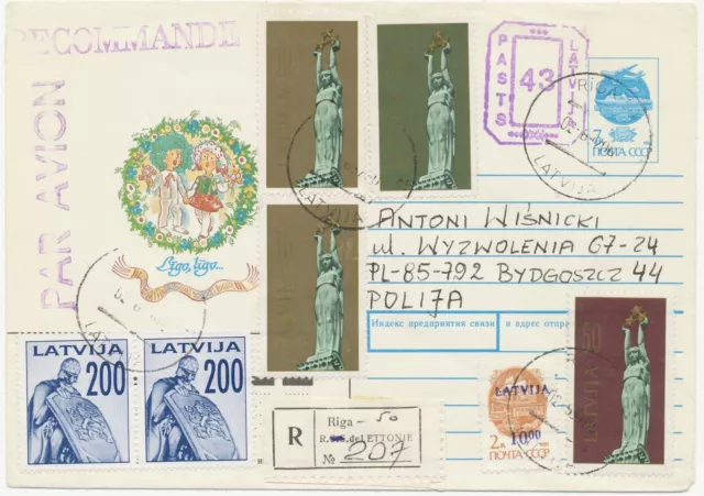 LETTLAND 1992 russische AH-GU m. Zusatzfrank. als R-Bf von RIGA n. Polen ABART