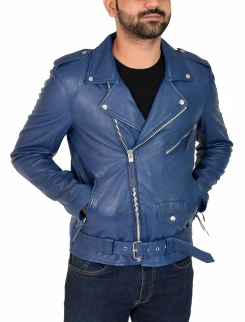 Veste En Cuir D'agneau Véritable Pour Homme - Style Café Racer Bleu - Multi-tailles - Neuf Avec étiquettes