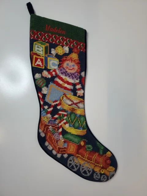 Vtg Needlepoint Santa's Gifts Train Toys Christmas Personalized Stocking Madelon