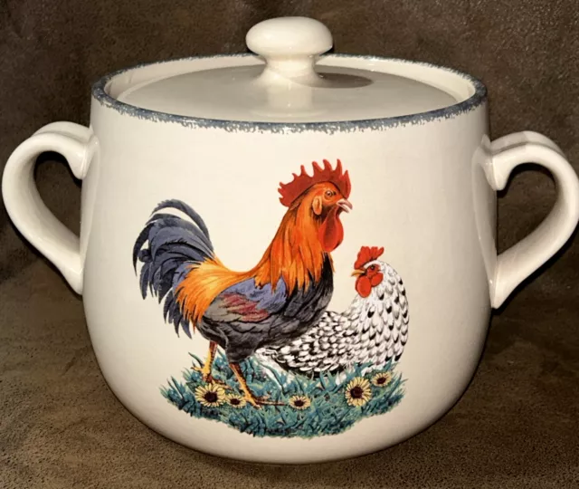 Vintage Rooster Hen Chicken Bean Soup Crock Stoneware W/Lid Home & Garden Party