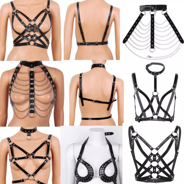 Women Black Leather Body Chest Straps Harness Waist Belt Caged Bra  Adjustable Rave Festival Club Party