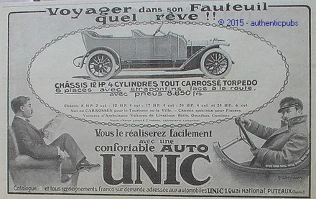 Publicite Automobile Unic Chassis 12 Hp 4 Cylindres Torpedo De 1913 French Ad