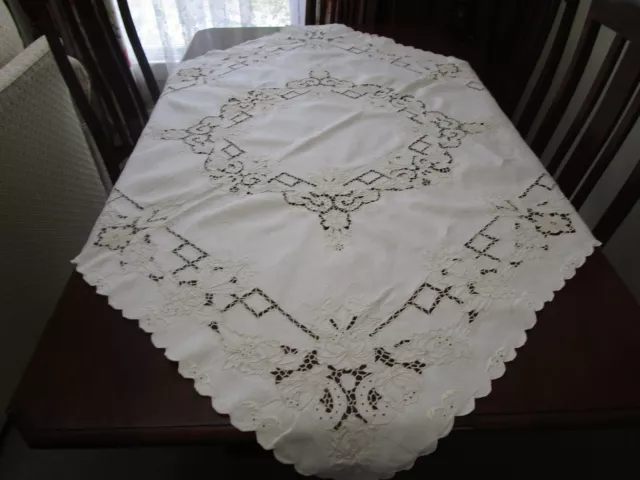 Vintage Beautiful Madeira Hand Embroidered Square Tablecloth