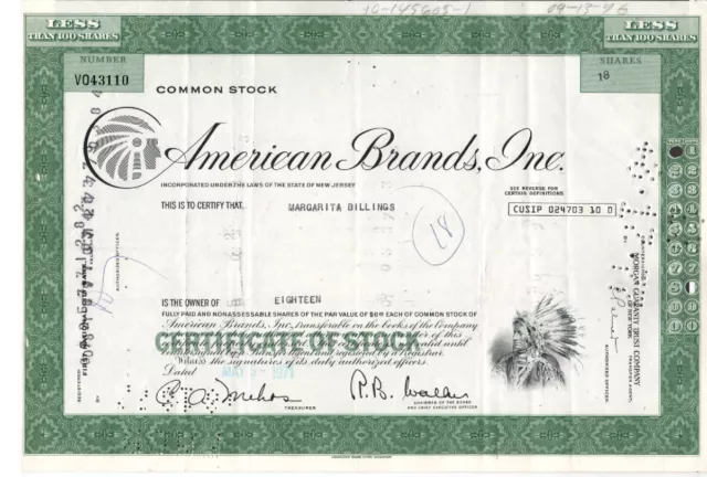 American Brands, Inc. - Original Stock Certificate -1971 - V043110