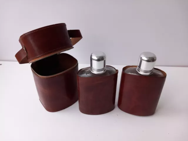 2x Vintage Glass Bottle Flask Brown Leather Case Saddle Leather England