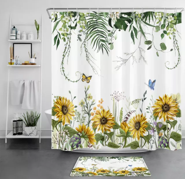 Sunflowers Floral Shower Curtain Set - Colorful Waterproof Polyester Fabric Durable Washable 72 X 72 Inches Perfect Adding Fresh Inviting Atmosphere Ba