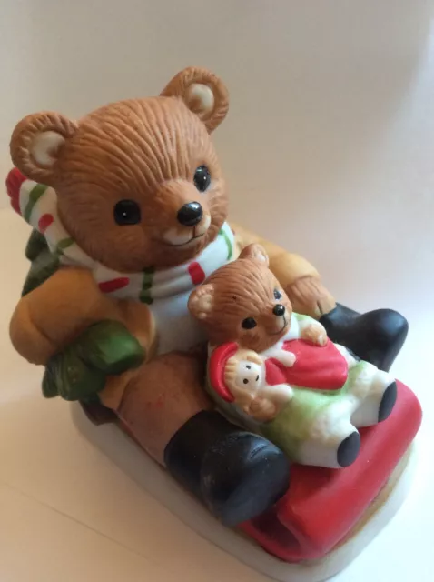 Homco Ceramic Porcelain Christmas Bears On Sleigh Figure 2.5x2.75x1.5 Inches