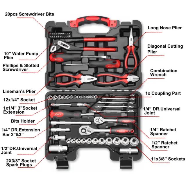 TOPEX 65PCs Hand Tool Set Portable Mechanics Automotive Repair Workshop Tool Kit 3