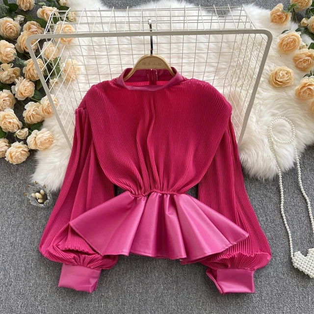 Femme Péplum Épissure Chemises Plissé Volant Simili Cuir Haut Chemisier T-Shirt