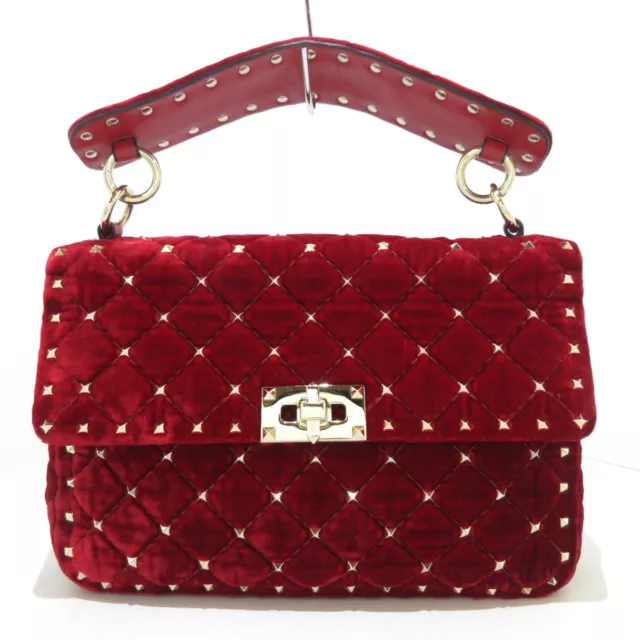 Auth VALENTINOGARAVANI Rockstud Spike Medium Bag Red Velour Handbag