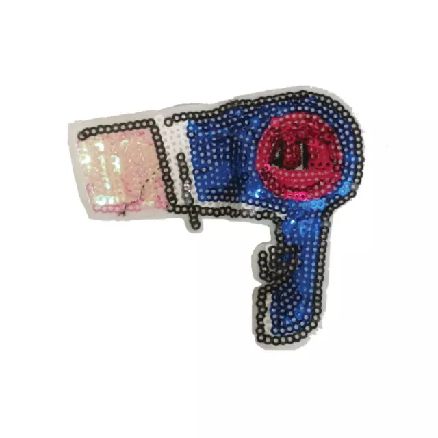 Blue Sequin Hair Dryer (Iron On) Patch Embroidery Applique Sew Iron Badge