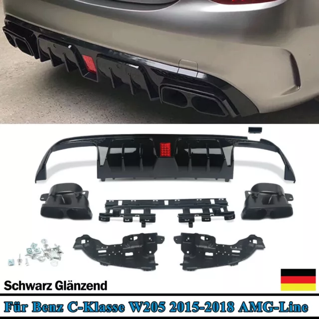 Für Mercedes W205 C63 AMG Limo Glänz Schwarz Heckdiffusor + Auspuff F1 Optik