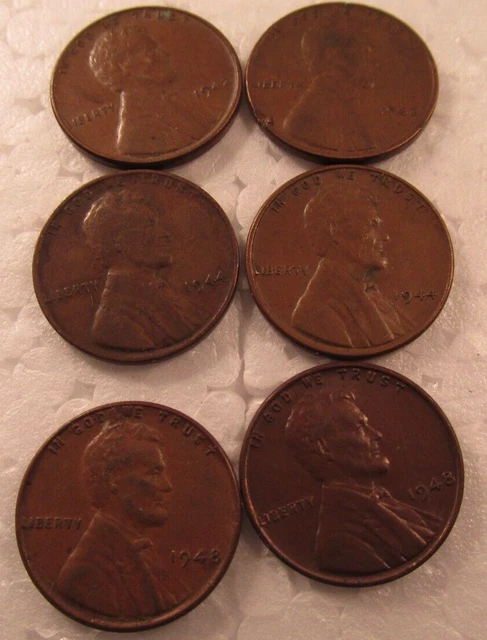 6 Wheat Pennies-2x1942, 2x1944, 2x1948 (L45)