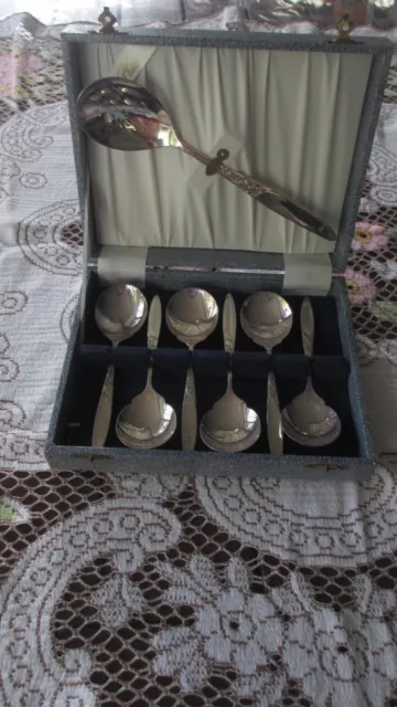 Vintage cased  Grosvenor  Christine Set of 6 Dessert/ Fruit spoons & Server EPNS