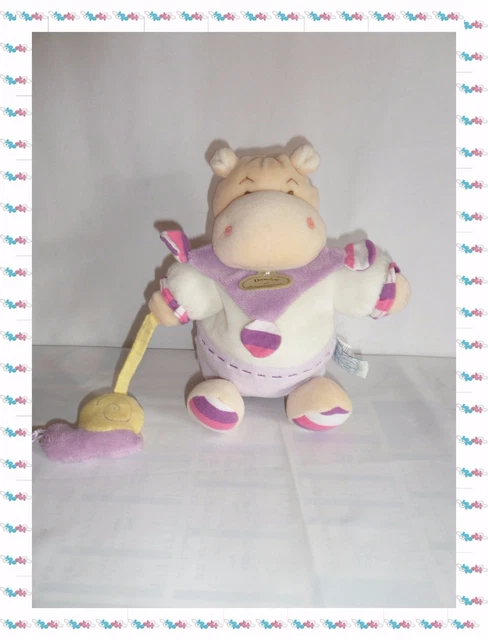 L - Doudou Marionnette Hippopotame Blanc Mauve Doudou et Compagnie