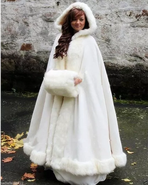 Long Bridal Cloak Faux fur Shawl White/ivory Cape Winter Hooded Wedding Coat