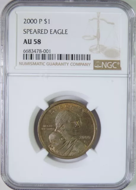 2000 P Sacagawea Dollar $1 Coin Speared / Wounded Eagle Mint Error NGC AU58