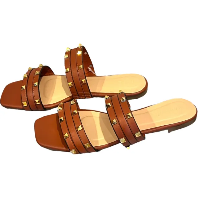 NEW Rock Stud Slides Sandals Womens 7.5 Brown Vegan Leather 2 Strap Flats Bamboo
