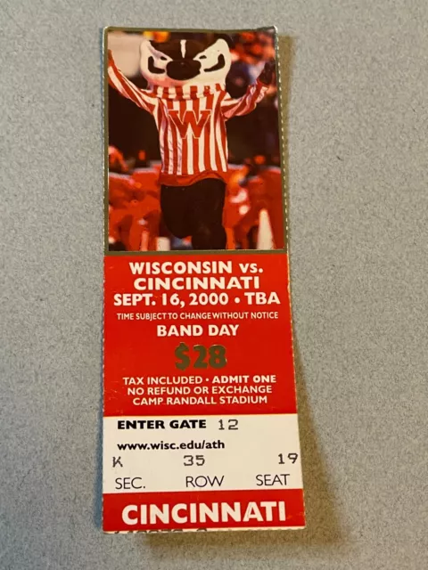 Wisconsin Badgers vs Cincinnati Bearcats Football Ticket Stub 9/16 2000