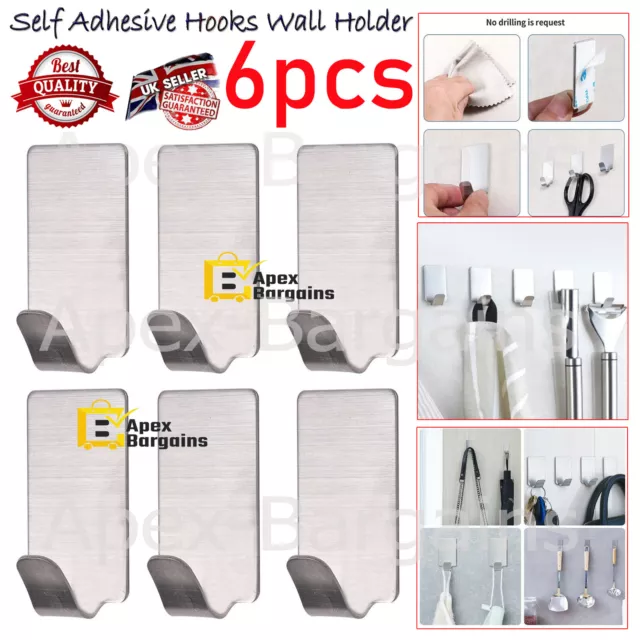 6pcs Self Adhesive Wall Sticky Hooks Strong Stainless Steel Door Hook Holder New