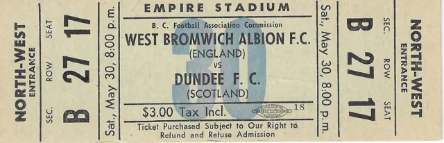 Ticket In Canada West Bromwich Albion v Dundee FC 30/5/1959