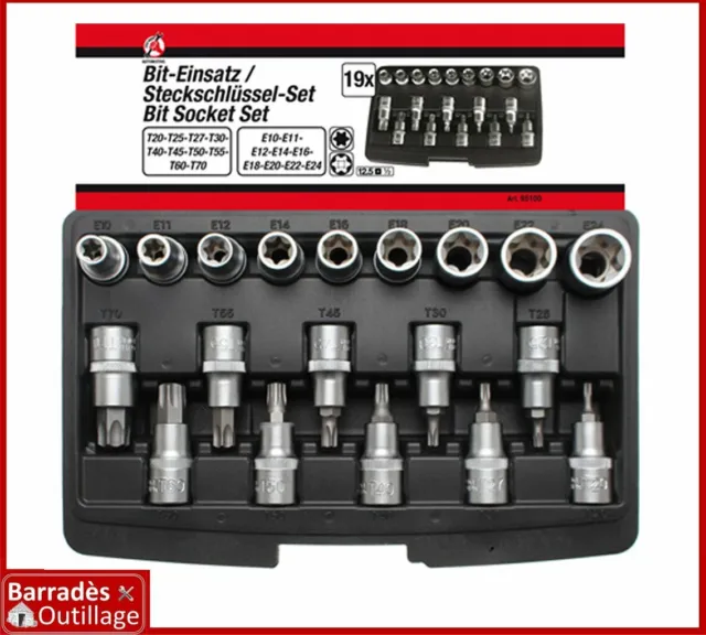 Coffret 19 douilles + embouts Torx : Femelle E10 à E24 - Mâle T20 à T70 - 1/2"