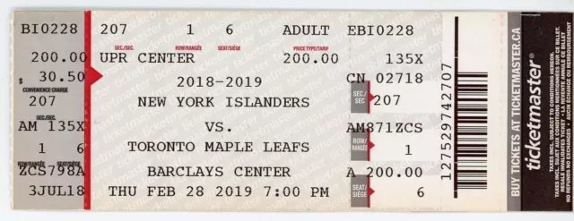 New York Islanders vs. Toronto Maple Leafs Vintage Ticket Brooklyn 2019