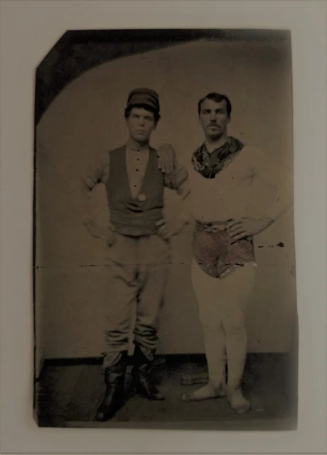 antique RARE occupational CIRCUS PERFORMERS TINTYPE photo ACROBAT ACTOR tinted