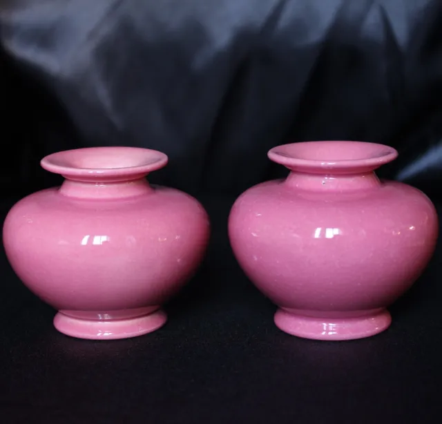 Bretby Art Pottery Pink Glazed Ceramic Pair of Squat Posy Vases 280A, c.1920's