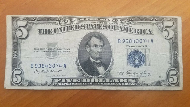 1953 $5 Silver Certificate Blue Seal Error Note - Seal Way Off Center/Misaligned