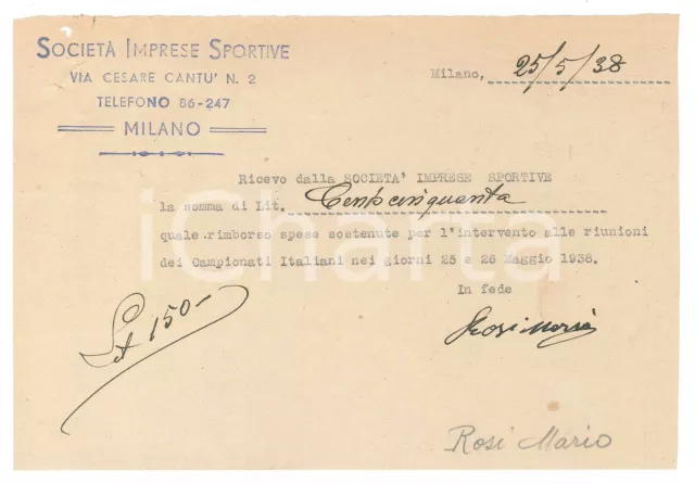 1938 CICLISMO MILANO Ricevuta Mario ROSI rimborso spese *AUTOGRAFO