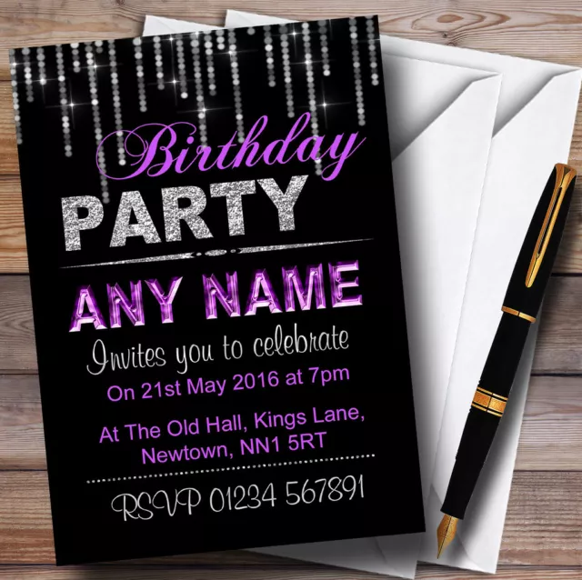 Silver And Purple Glitz Birthday Party Personalised Invitations