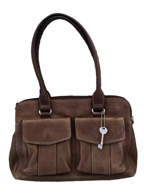 Vintage Fossil Key Tag Handbag Purse Weekender Satchel Pebble #75082 Brown 1954