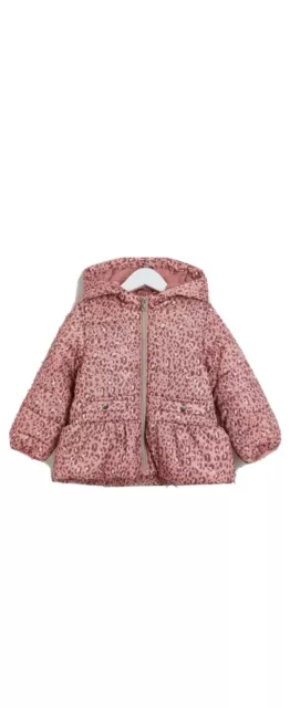 BNWT river Island Girls Pink Leopard Print Puffer Jacket Coat Hooded Hat 3-4 Yrs