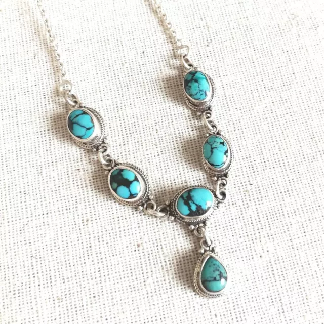 Vintage 925 Sterling Silver Six Turquoise Stone Station Petite Bib Necklace Chic 3