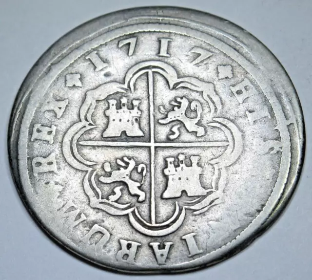 1717 Spanish Silver 2 Reales Genuine 1700's Colonial Cross Pirate Treasure Coin