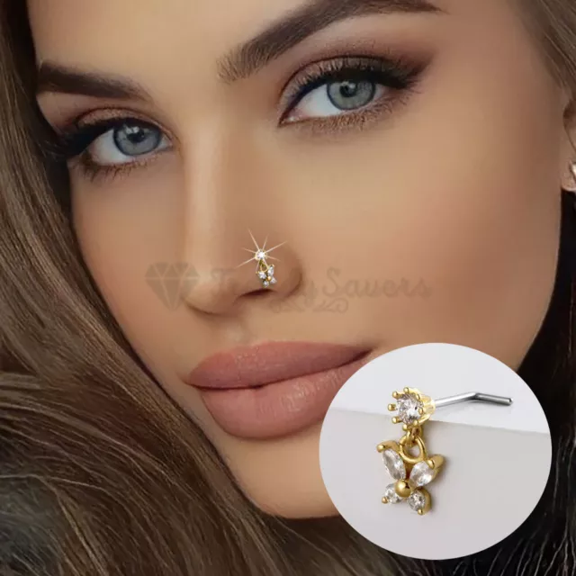 Shiny Cubic Zirconia Butterfly Shaped Nose Stud Piercing Gold Sterling Silver UK