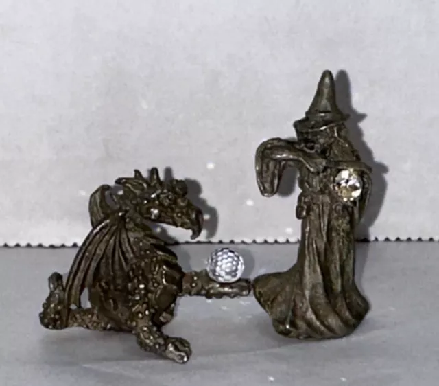 Vintage Masterworks Pewter Figurines Hatching Baby Dragon & Wizard Crystal Orbs
