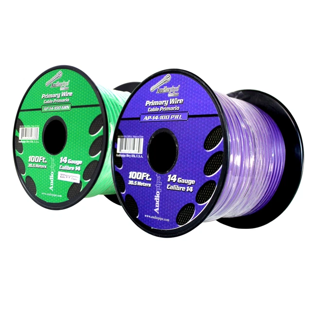 Carrete de cable remoto de alimentación a tierra primaria Audiopipe (2) 14ga 100 ft CCA púrpura/verde