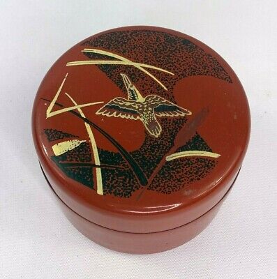 small round red lacquer trinket box Asian design vintage jewelry stash