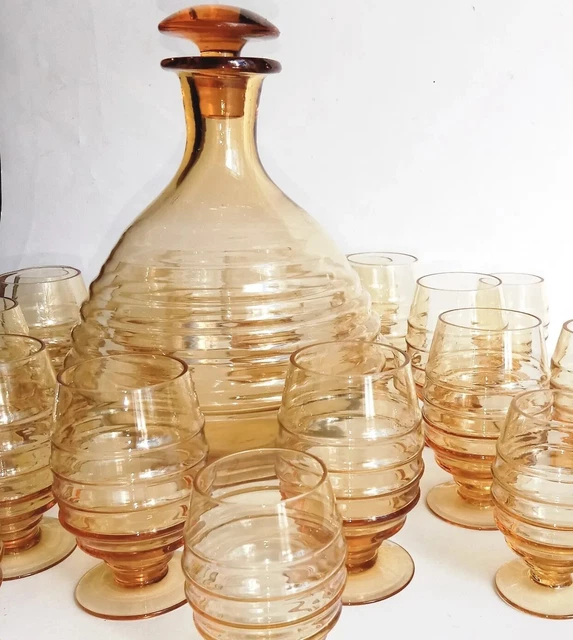 CARAFE et 20 VERRES ART DÉCO CRISTAL FUMÉ JAUNE Service ancien XXe