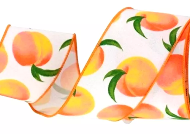 Peaches on White 2.5" by 3 yd Wired Ribbon Summer Fruit Country Georgia Peach