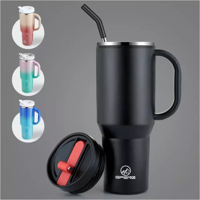 40 Oz Tumbler with Handle, Water Bottles with Straw Lid and Anti-Slip Sleeve, In