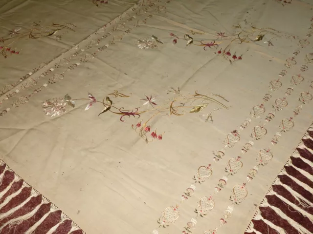 Antique Silk Victorian Piano Scarf Shawl Tablecloth Society Silk Hand Embroidery