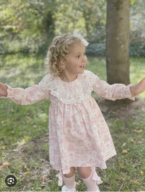 PHI CLOTHING GIRLS Long Sleeved Dress Toile De Jouy Pink Floral 2y