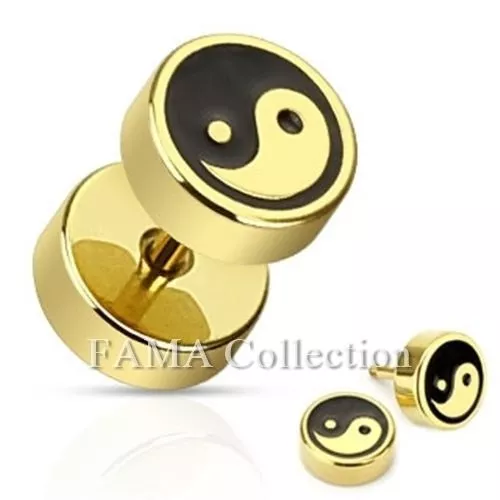 FAMA Ying Yang with Black Inlay Fake Plug Gold IP Over 316L Surgical Steel