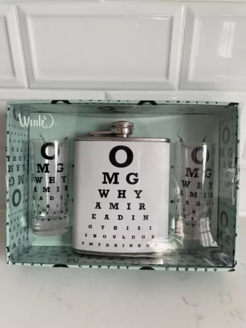 Divertido Frasco de Cadera y Vidrio Disparo Set de Regalo de Wink Nuevo en Caja Pon mi Bebida Negro Blanco