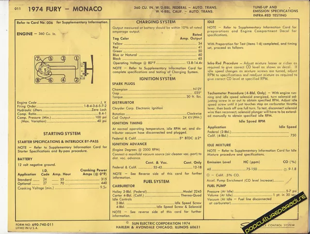 1974 DODGE PLYMOUTH FURY MONACO 360ci 2 BBL Engine Car SUN ELECTRIC SPEC SHEET