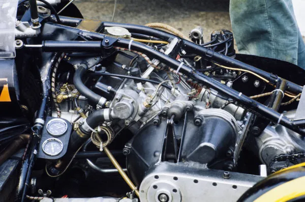 Detail of a Limpet sidecar engine 1976 Motorcycle Racing Old Photo